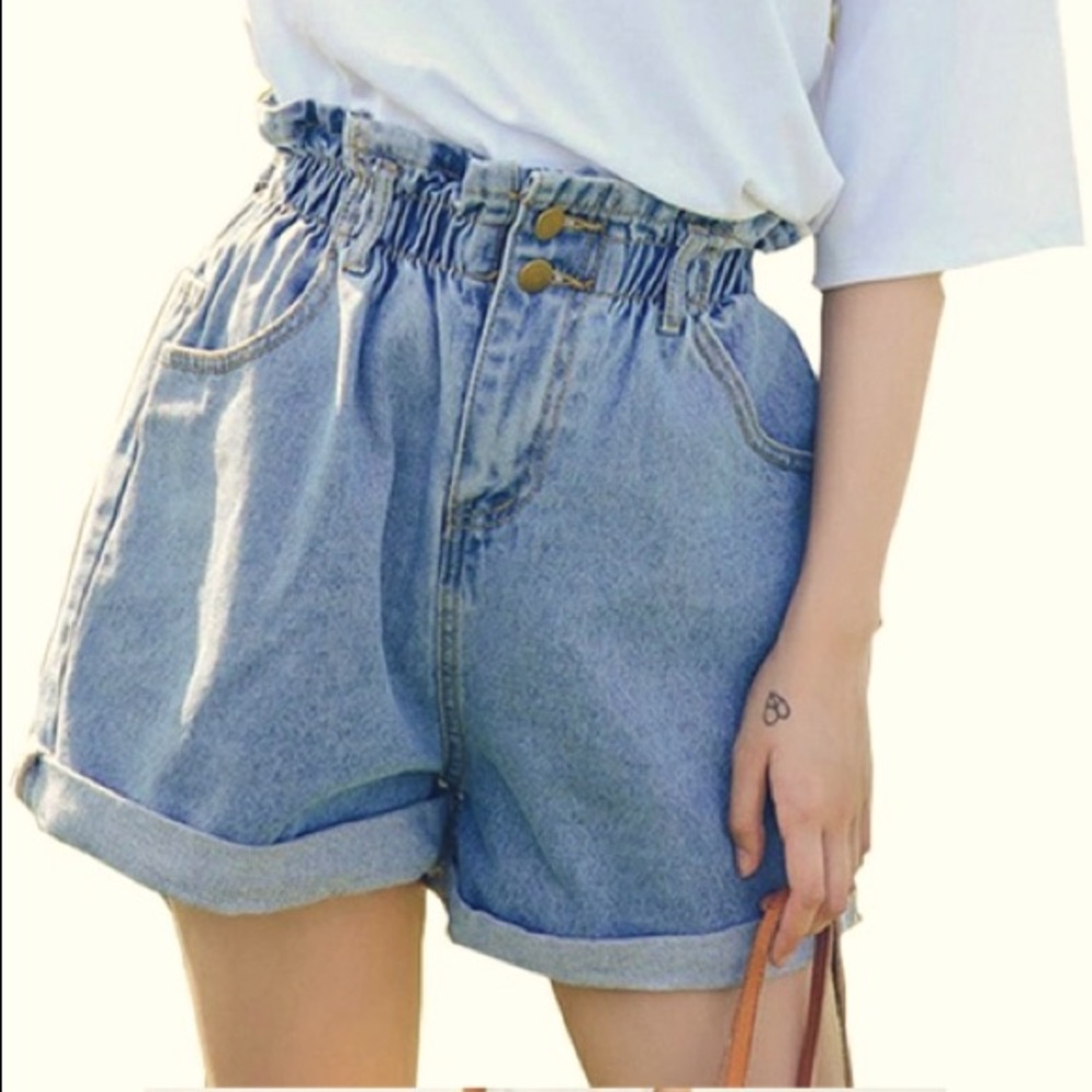 Plaid & Plain Paperbag High Waisted Denim Shorts